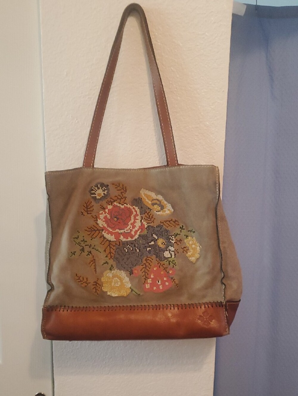 Patricia Nash Olive Green and Brown Leather Needlepoint Floral Tote - Picture 11 of 14